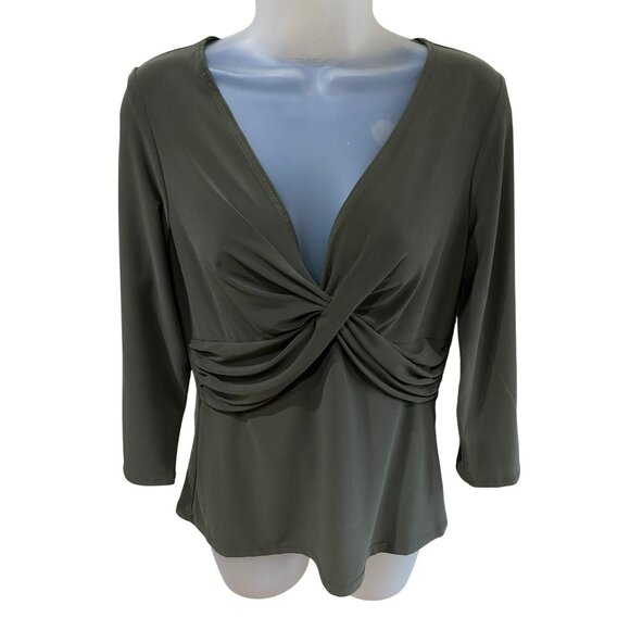 Frank Lyman Design Olive Green Twist Front 3/4 Sleeve Top Polyester/Elasthane Wo - Picture 1 of 8